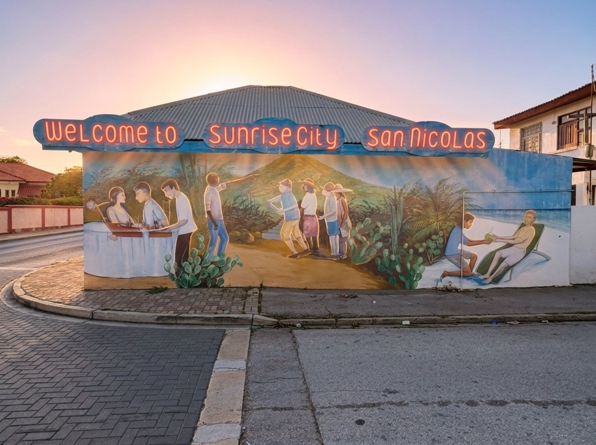 The Welcome to Sunrise City sign in San Nicolas, Aruba, where the quest begins