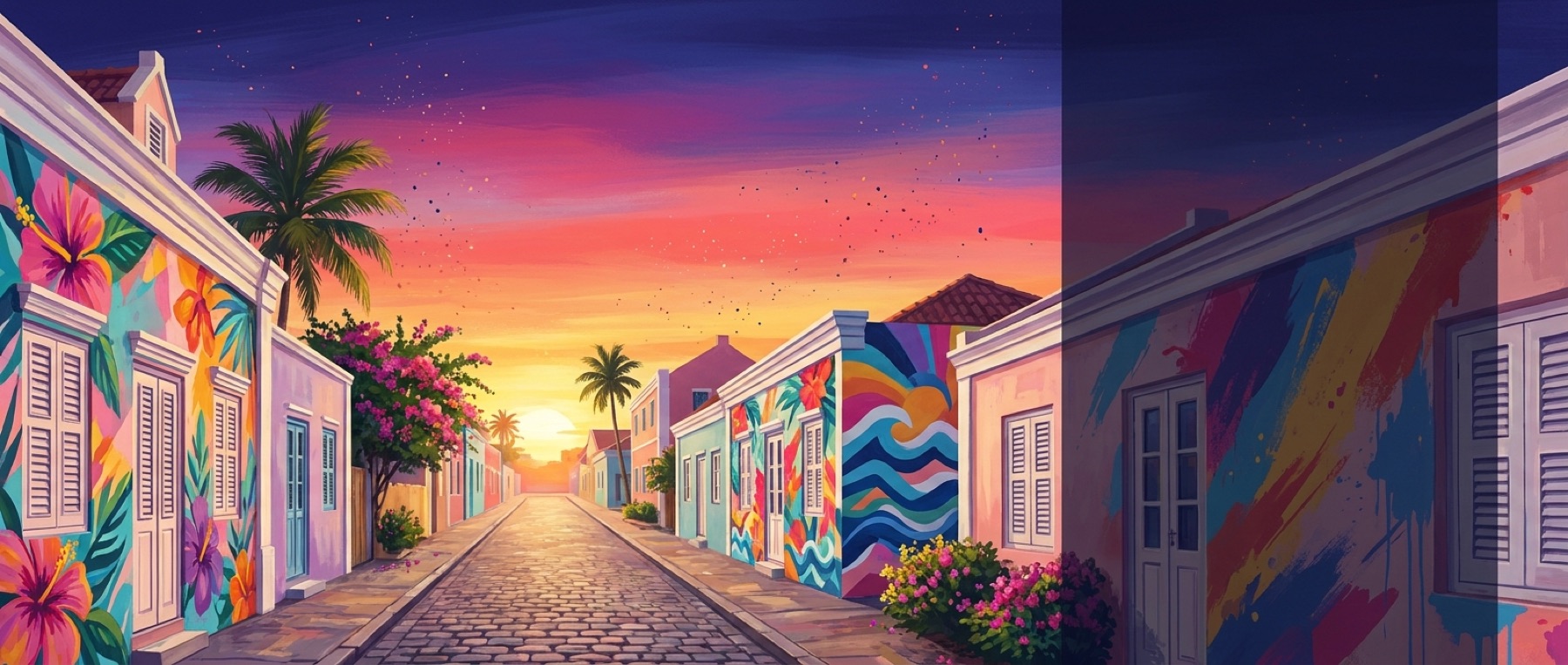 Colorful street-art covered buildings of San Nicolas, Aruba at sunrise