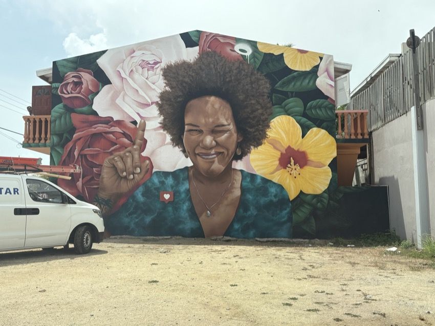 Portrait mural of a winking woman among roses and hibiscus