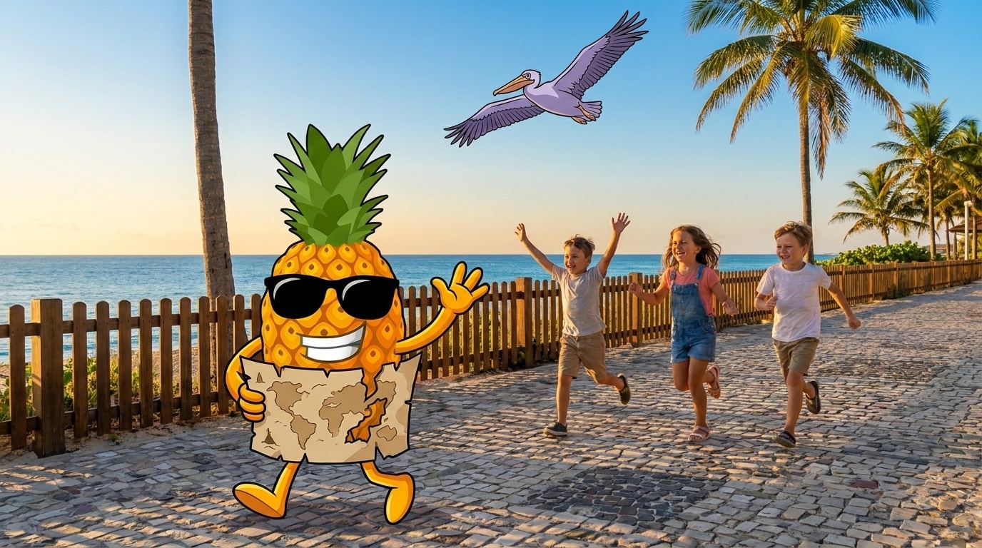 Mr. Pineapple leads laughing kids down the real Palm Beach walkway on the treasure hunt
