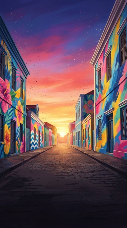 The Secrets of San Nicolas quest cover — sunrise over mural-covered Caribbean street